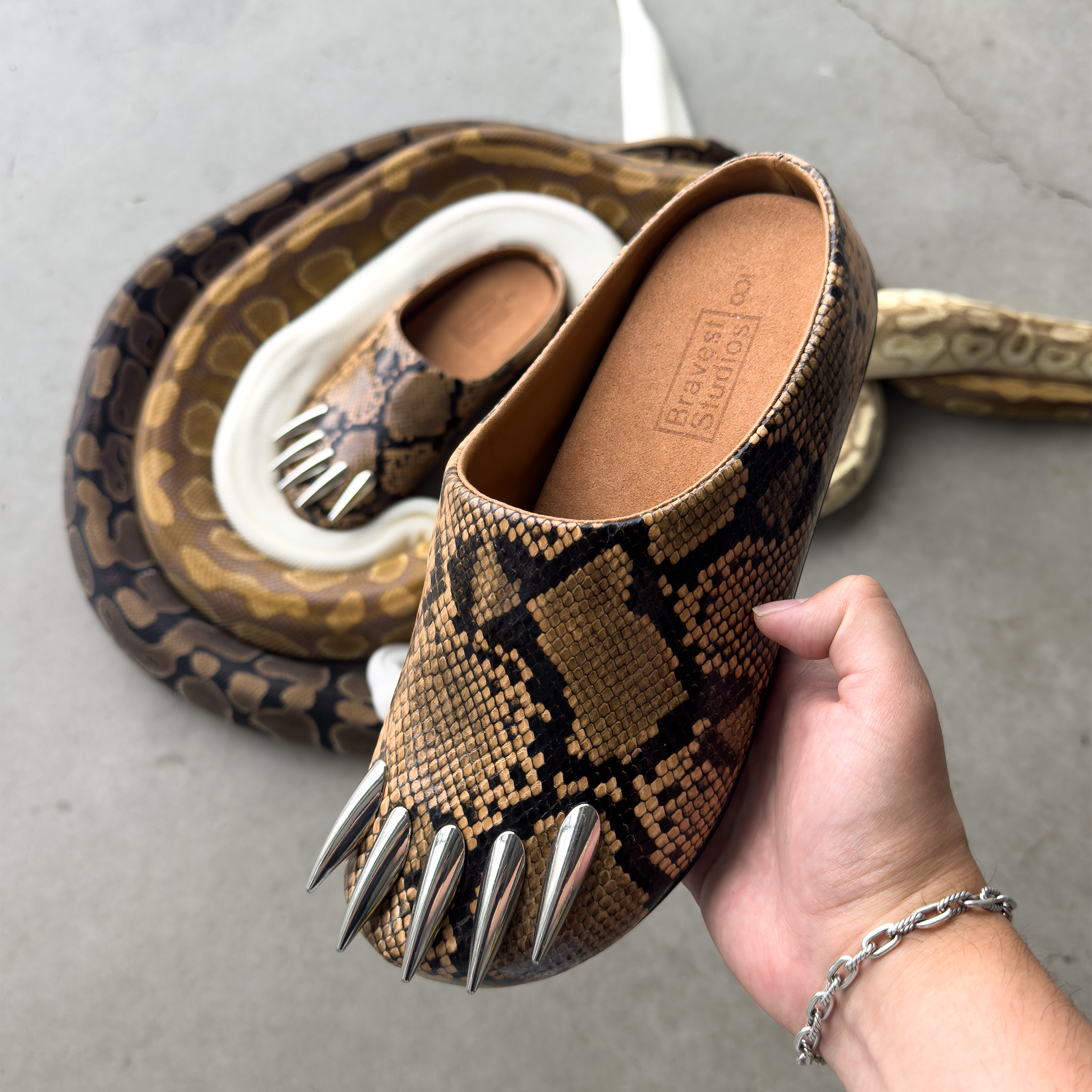 TAN SNAKESKIN CLAW MULES