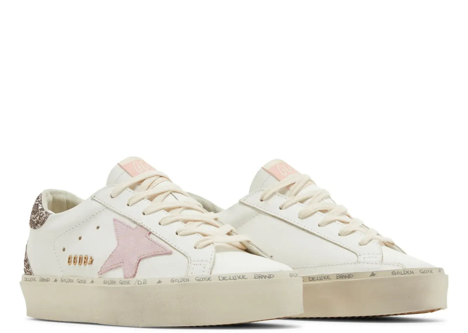GOLDEN GOOSE HI-STAR WHITE LEATHER PINK SUEDE STAR GLITTER HEEL (W)