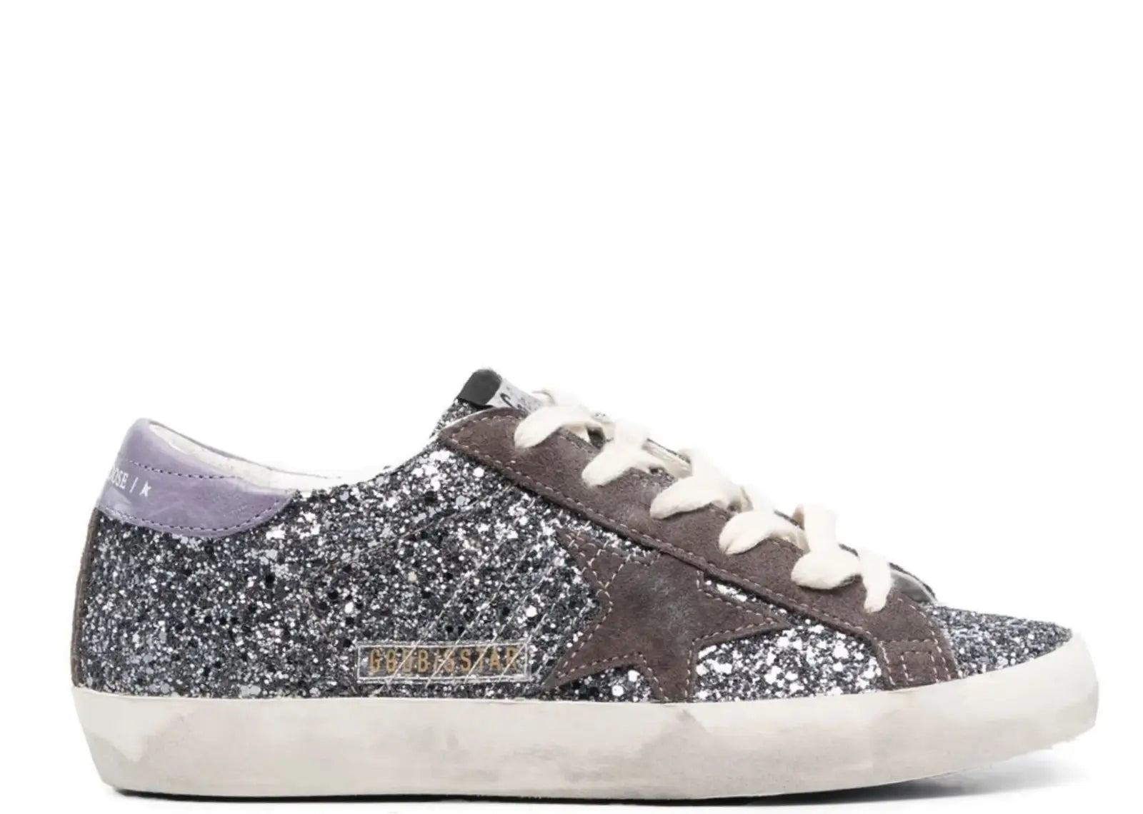 GOLDEN GOOSE SUPER-STAR GLITTER BROWN STAR LILAC HEEL TAB (W)