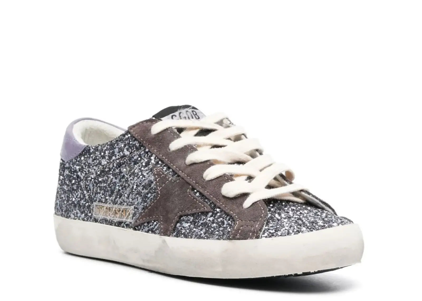 GOLDEN GOOSE SUPER-STAR GLITTER BROWN STAR LILAC HEEL TAB (W)