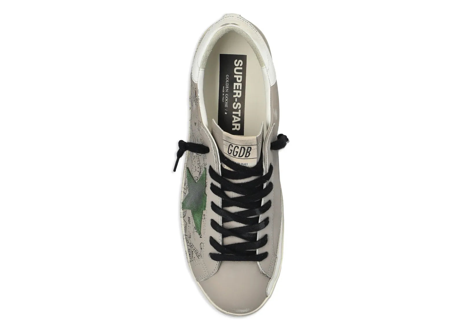 GOLDEN GOOSE SUPER-STAR GRAY LEATHER GREEN STAR PRINTED DISTRESSED