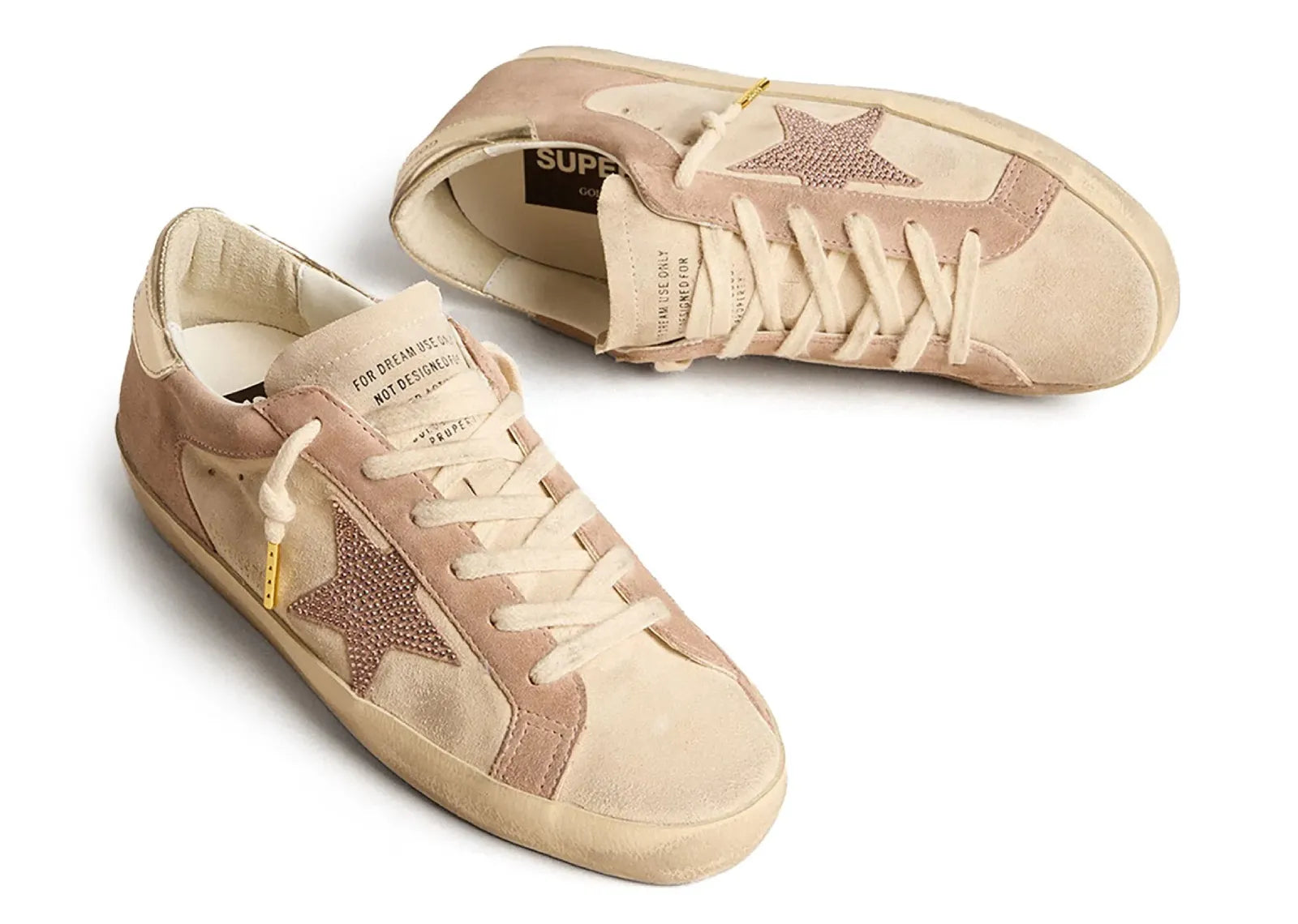 GOLDEN GOOSE SUPER-STAR PALE PINK BEIGE SUEDE CRYSTAL STAR PLATINUM HEEL (W)