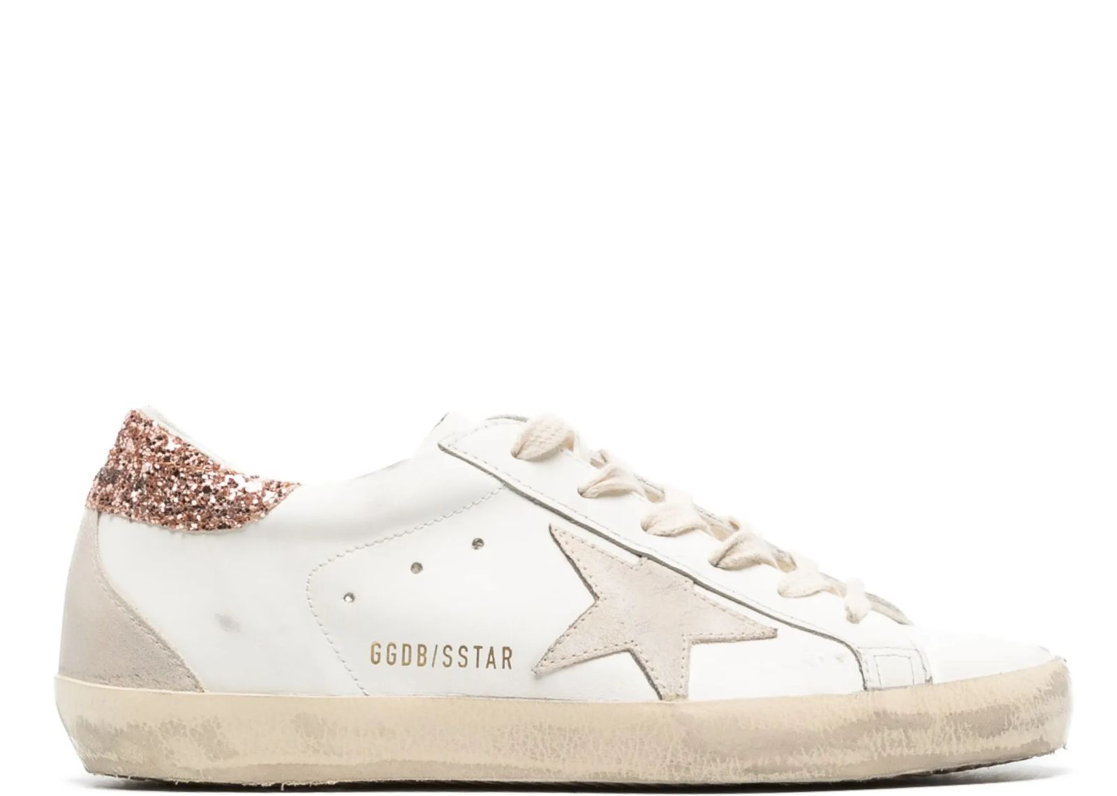 GOLDEN GOOSE SUPER-STAR SUEDE STAR PEACH PINK GLITTER HEEL TAB (W)