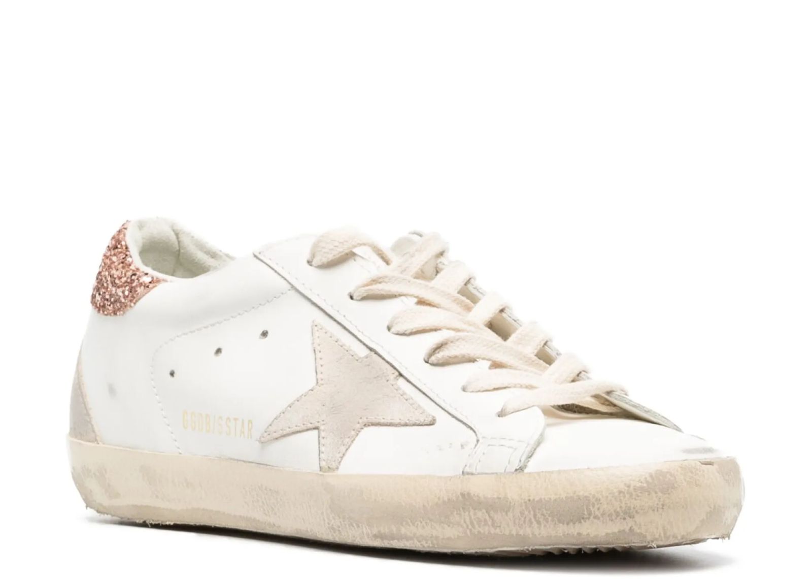 GOLDEN GOOSE SUPER-STAR SUEDE STAR PEACH PINK GLITTER HEEL TAB (W)