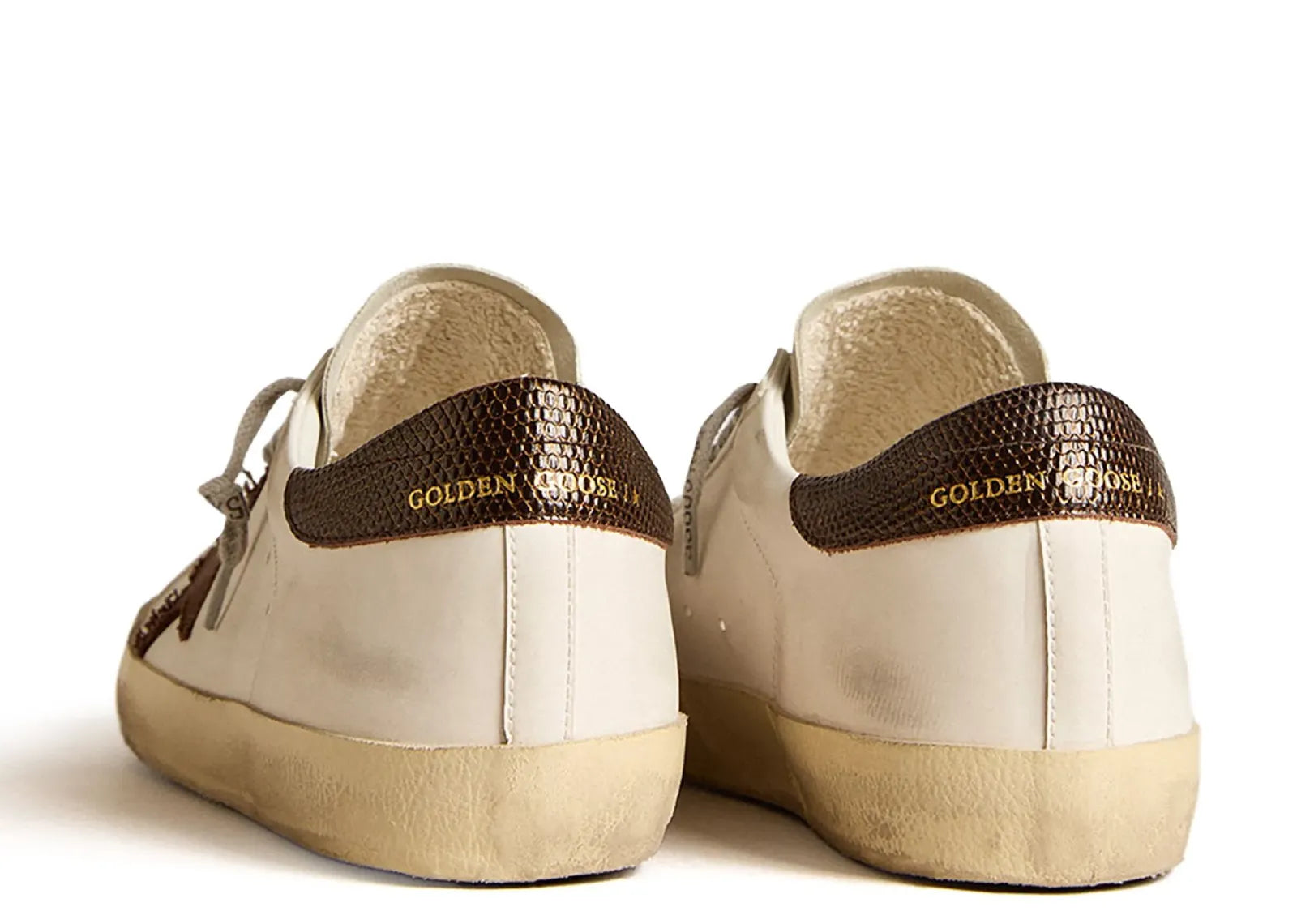 GOLDEN GOOSE SUPER-STAR WHITE BIO-BASED BROWN CANVAS STAR LIZARD HEEL