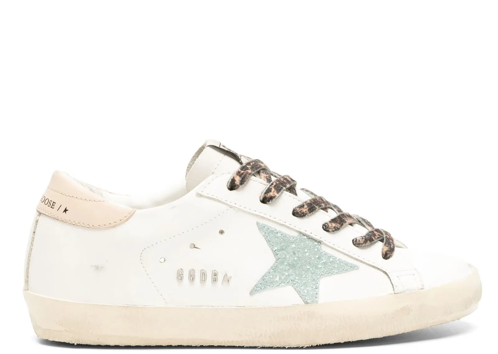 GOLDEN GOOSE SUPER-STAR WHITE LEATHER GRAY GLITTER STAR NUDE HEEL LEOPARD LACES (W)