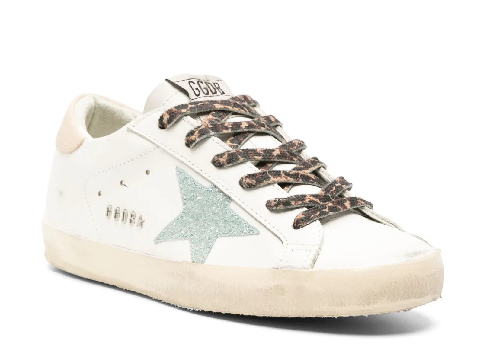 GOLDEN GOOSE SUPER-STAR WHITE LEATHER GRAY GLITTER STAR NUDE HEEL LEOPARD LACES (W)