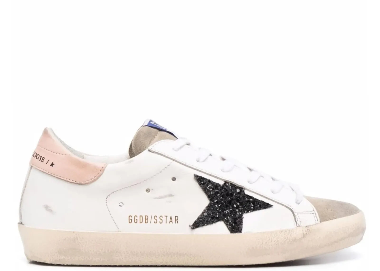 GOLDEN GOOSE SUPER-STAR WHITE LEATHER BLACK GLITTER STAR ROSE HEEL (W)