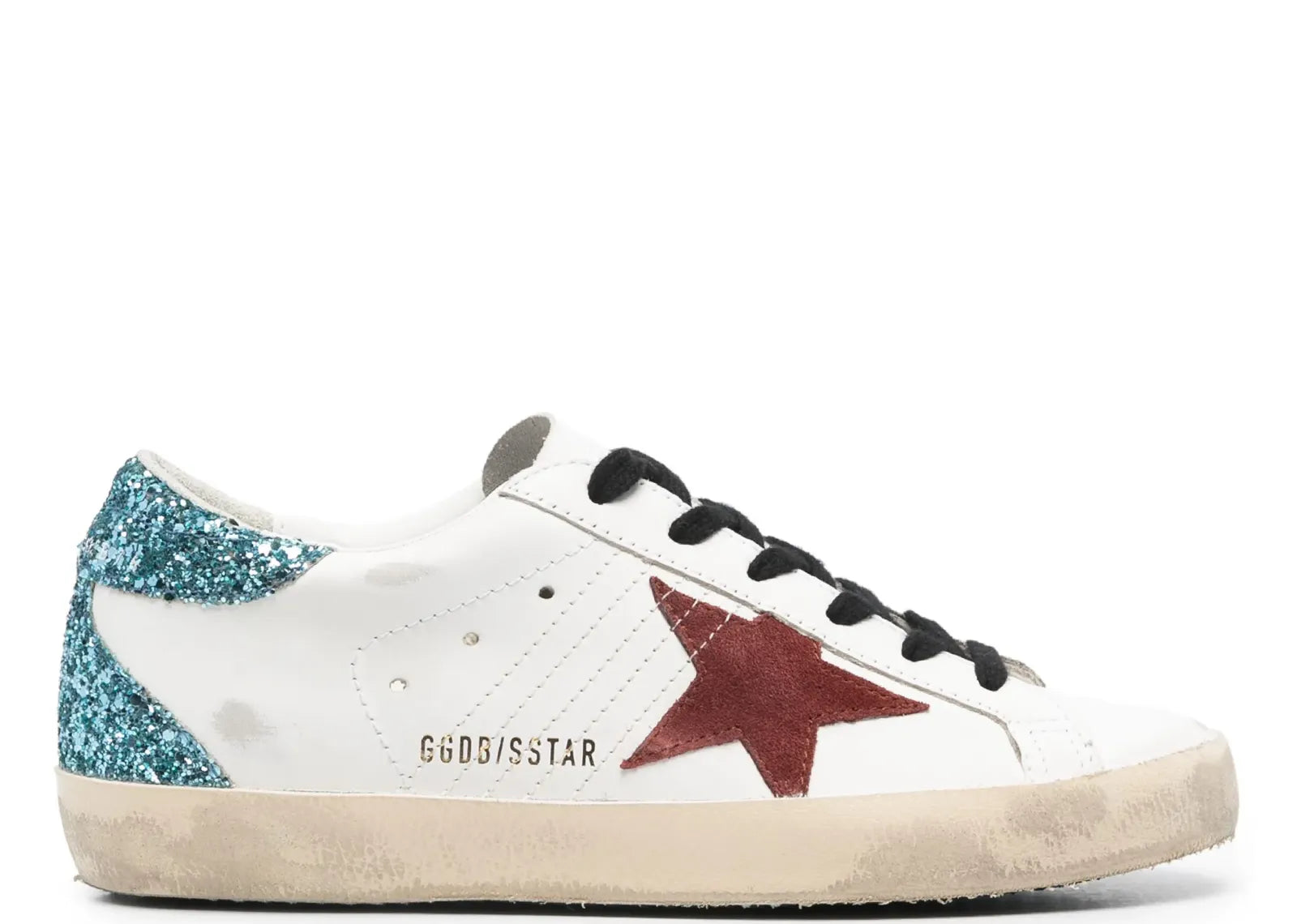 GOLDEN GOOSE SUPER-STAR WHITE LEATHER BURGUNDY STAR BLUE GLITTER HEEL (W)