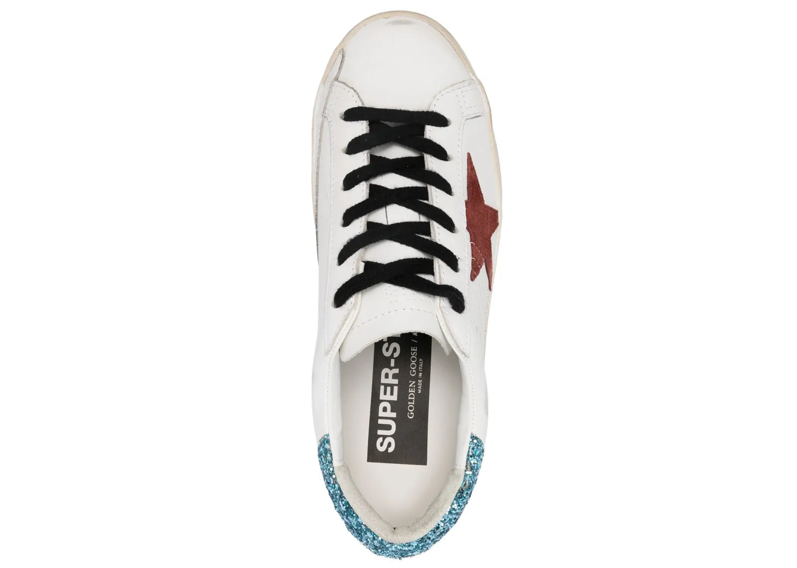 GOLDEN GOOSE SUPER-STAR WHITE LEATHER BURGUNDY STAR BLUE GLITTER HEEL (W)