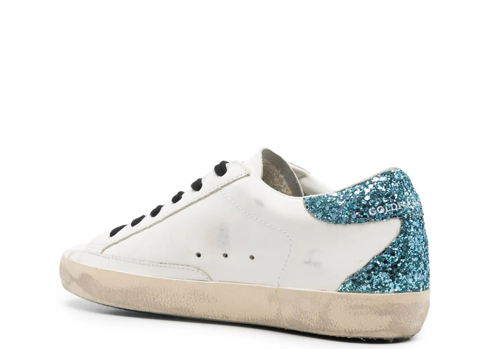 GOLDEN GOOSE SUPER-STAR WHITE LEATHER BURGUNDY STAR BLUE GLITTER HEEL (W)