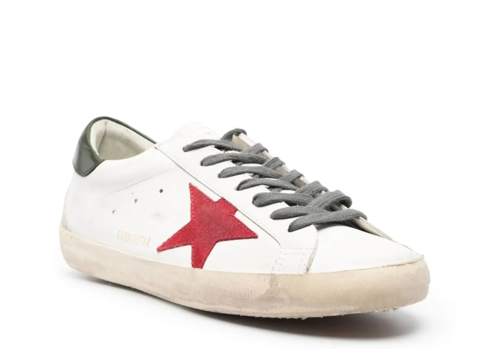 GOLDEN GOOSE SUPER-STAR WHITE LEATHER RED SUEDE STAR GREEN HEEL