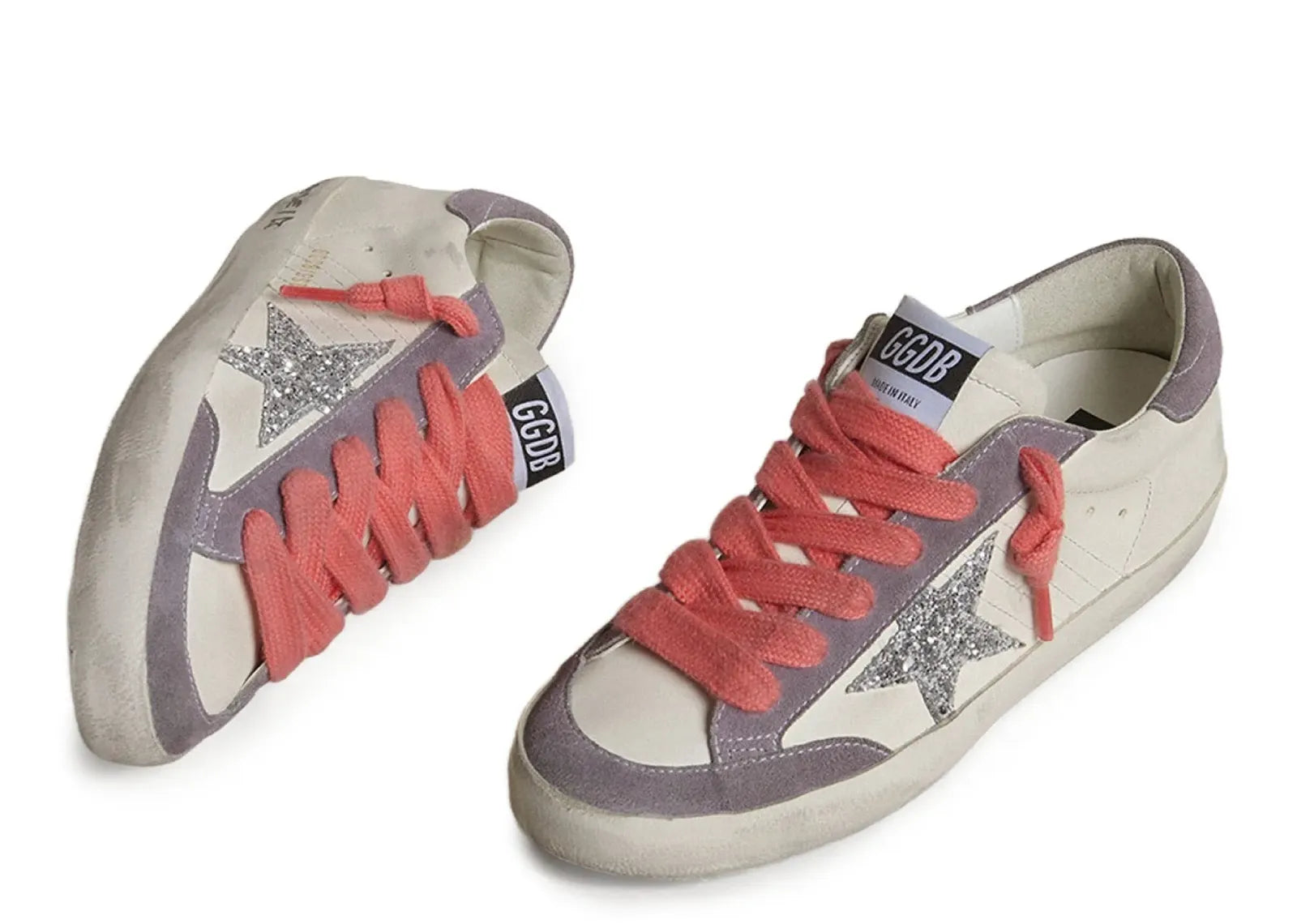 GOLDEN GOOSE SUPER-STAR WHITE LEATHER SILVER STAR LILAC HEEL (W)