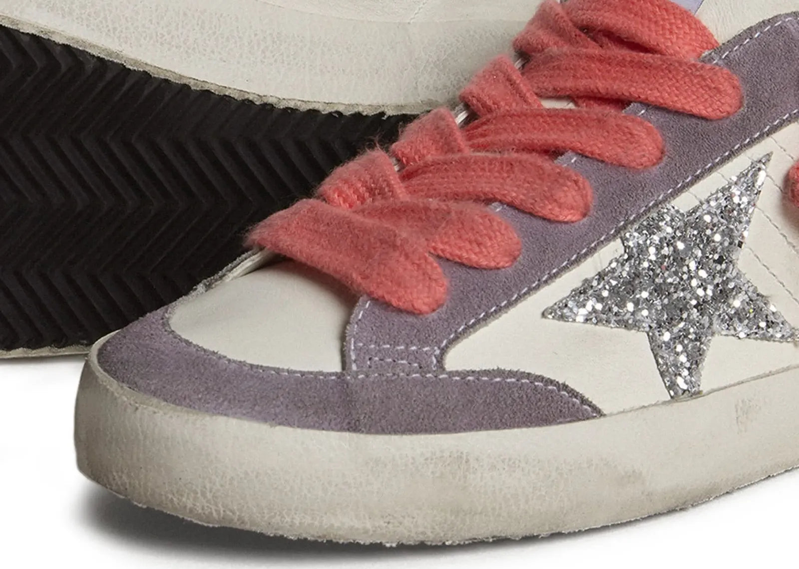 GOLDEN GOOSE SUPER-STAR WHITE LEATHER SILVER STAR LILAC HEEL (W)