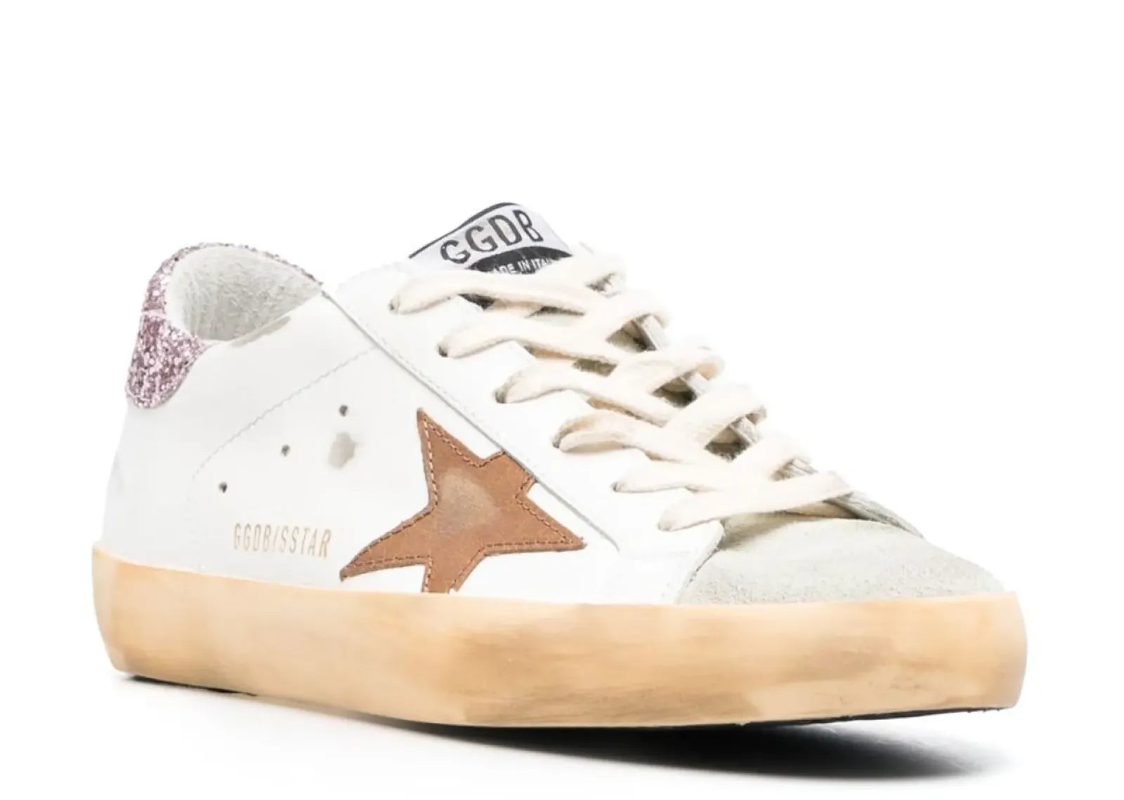 GOLDEN GOOSE SUPER-STAR WHITE LEATHER TAN STAR PINK GLITTER HEEL (W)