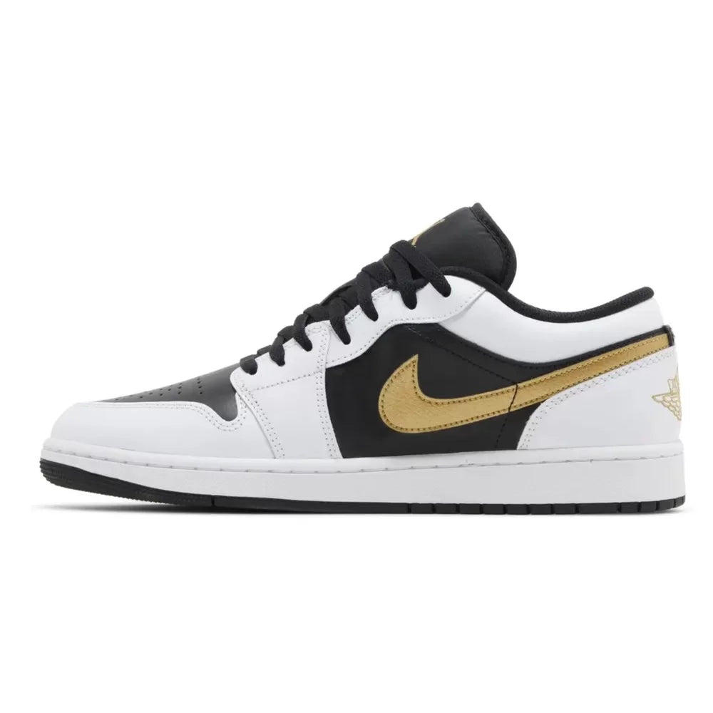 JORDAN 1 LOW WHITE BLACK METALLIC GOLD SWOOSH