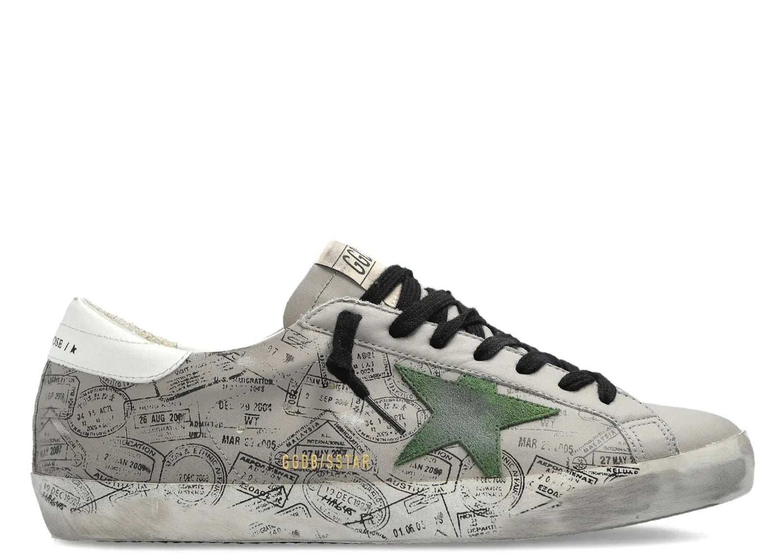 GOLDEN GOOSE SUPER-STAR GRAY LEATHER GREEN STAR PRINTED DISTRESSED