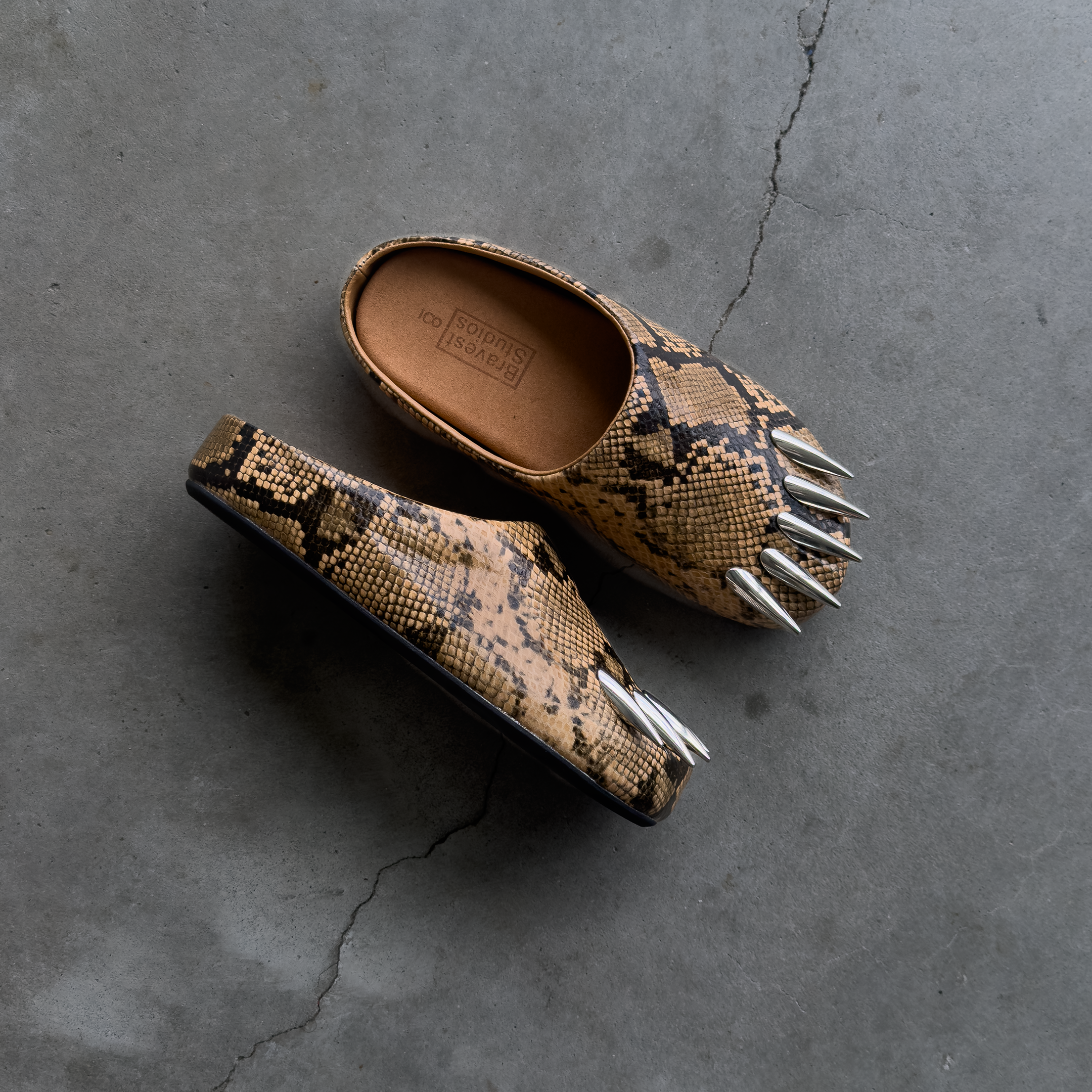 TAN SNAKESKIN CLAW MULES