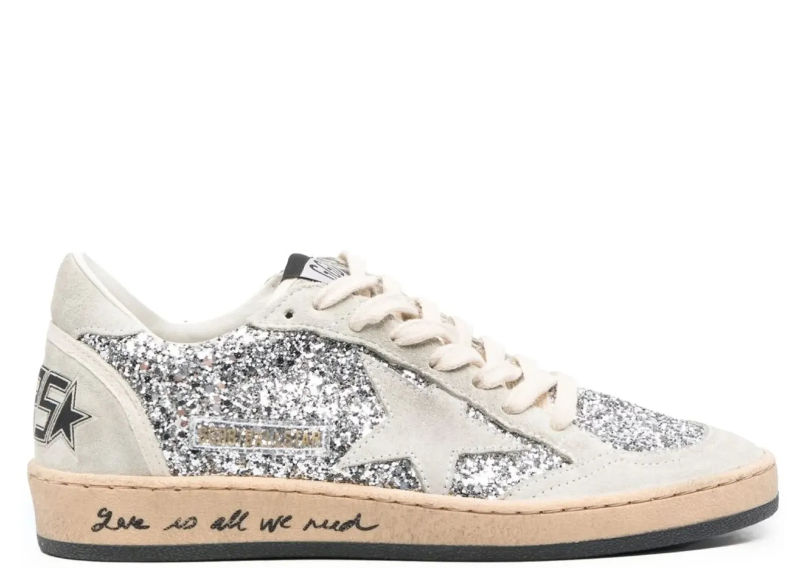 GOLDEN GOOSE BALL-STAR SILVER GLITTER SUEDE LOVE IS ALL WE NEED (W)