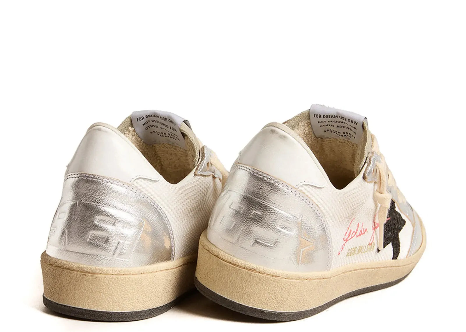 GOLDEN GOOSE BALL-STAR WHITE MESH SILVER INSERT BLACK GLITTER STAR GLOSSY HEEL (W)