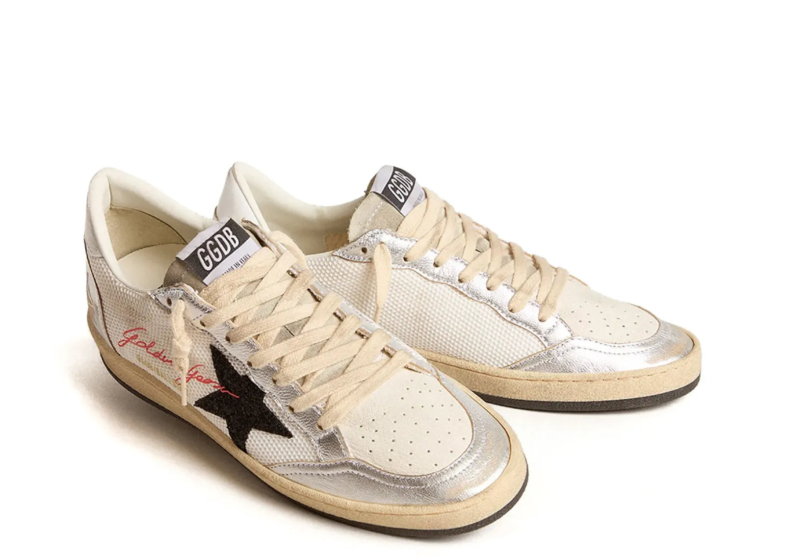GOLDEN GOOSE BALL-STAR WHITE MESH SILVER INSERT BLACK GLITTER STAR GLOSSY HEEL (W)