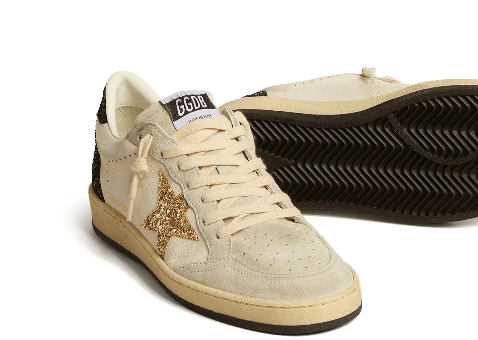 GOLDEN GOOSE BALL-STAR WHITE NAPPA GOLD GLITTER STAR BLACK GLITTER HEEL (W)