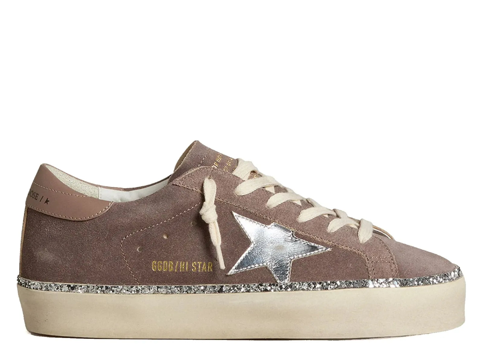 GOLDEN GOOSE HI-STAR BROWN SUEDE SILVER STAR SILVER GLITTER FOXING (W)