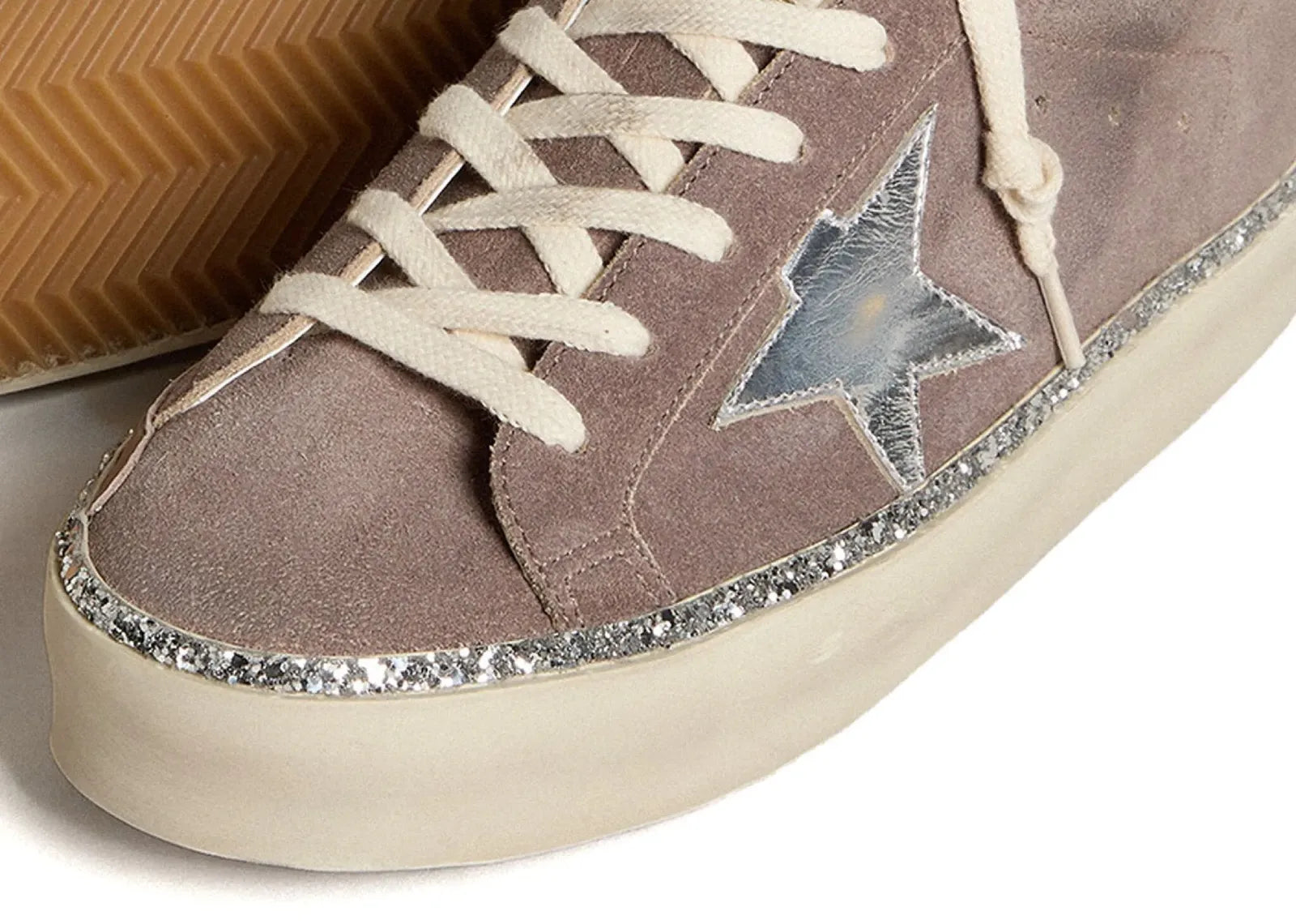 GOLDEN GOOSE HI-STAR BROWN SUEDE SILVER STAR SILVER GLITTER FOXING (W)