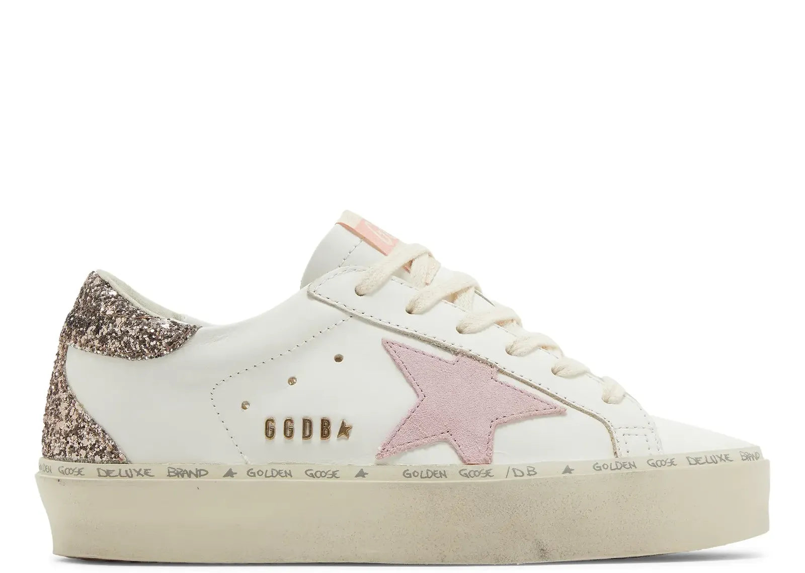 GOLDEN GOOSE HI-STAR WHITE LEATHER PINK SUEDE STAR GLITTER HEEL (W)