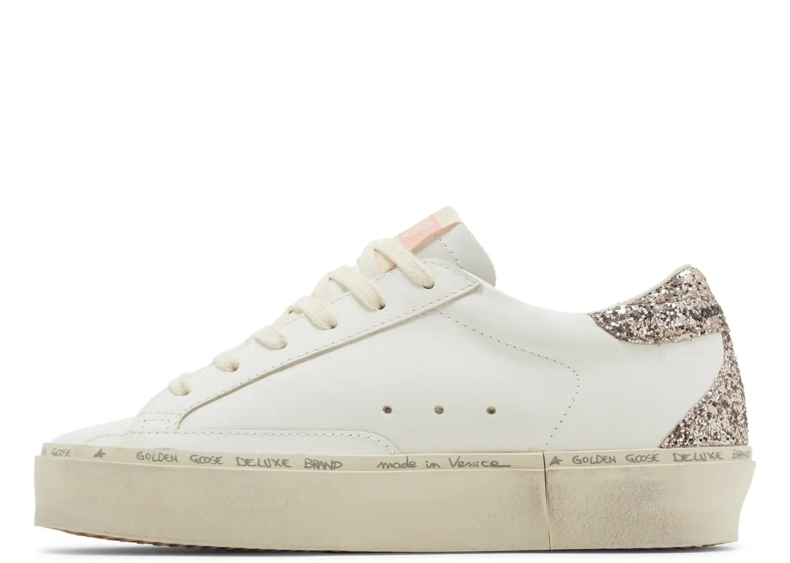 GOLDEN GOOSE HI-STAR WHITE LEATHER PINK SUEDE STAR GLITTER HEEL (W)