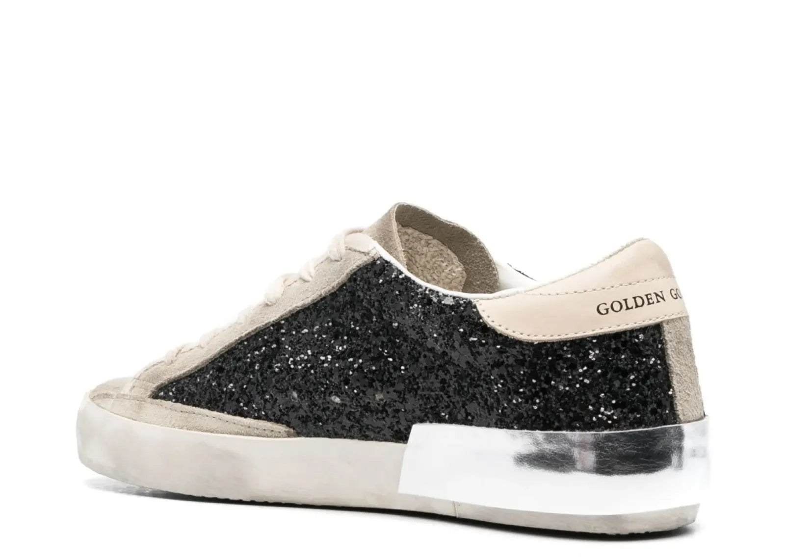 GOLDEN GOOSE SUPER-STAR BLACK GLITTER CREAM STAR HEEL SILVER FOXING (W)