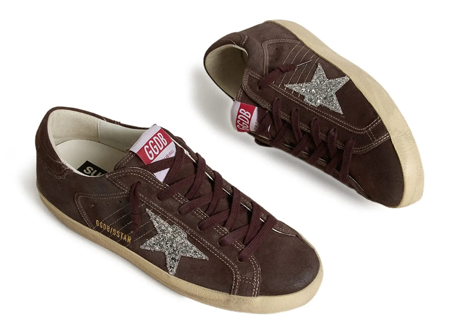 GOLDEN GOOSE SUPER-STAR BROWN SUEDE SILVER GLITTER STAR (W)