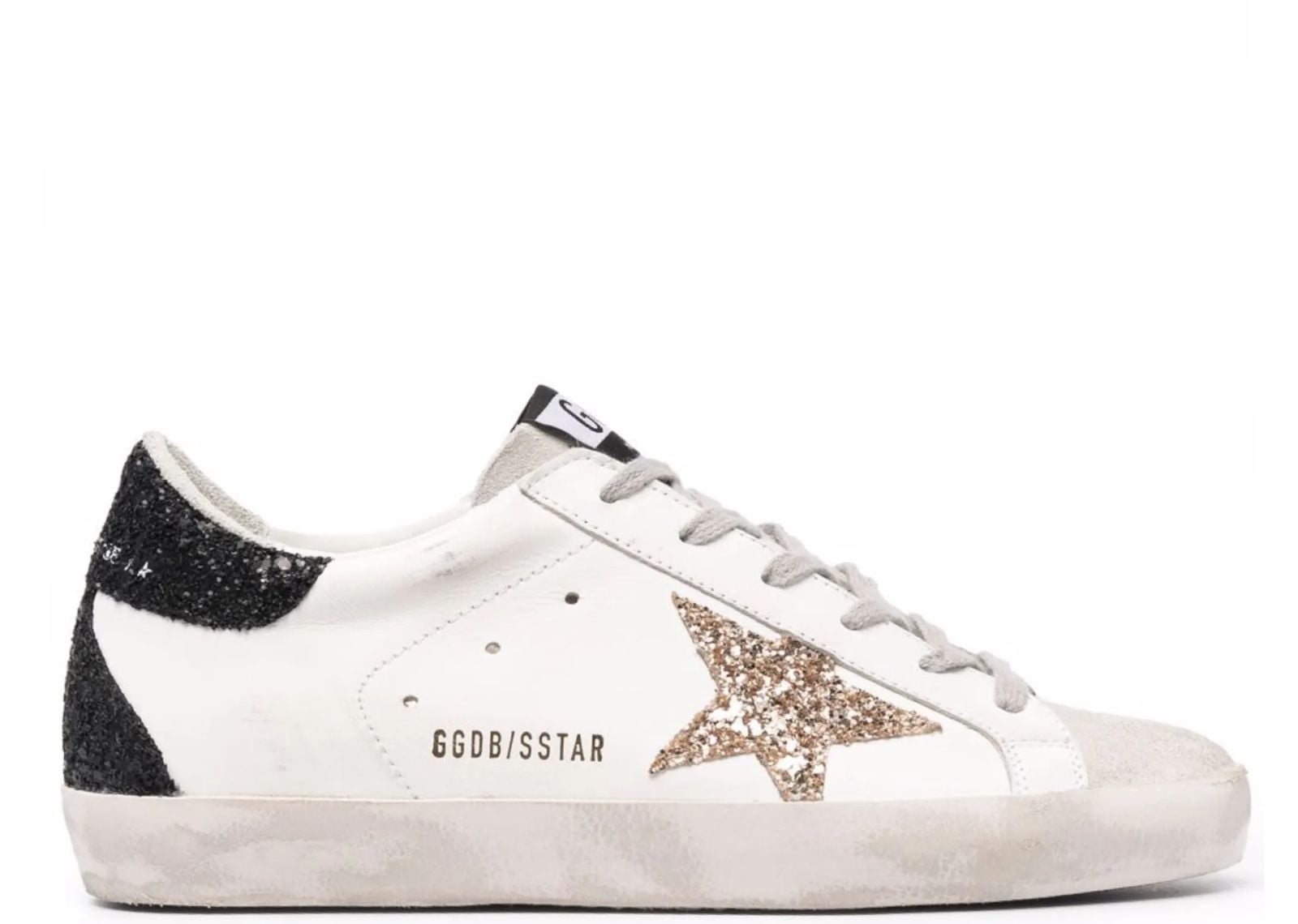 GOLDEN GOOSE SUPER-STAR GOLD GLITTER STAR BLACK GLITTER HEEL (W)