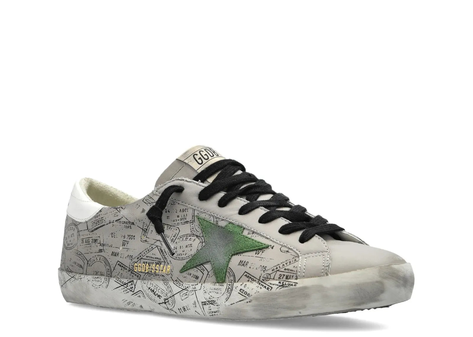 GOLDEN GOOSE SUPER-STAR GRAY LEATHER GREEN STAR PRINTED DISTRESSED