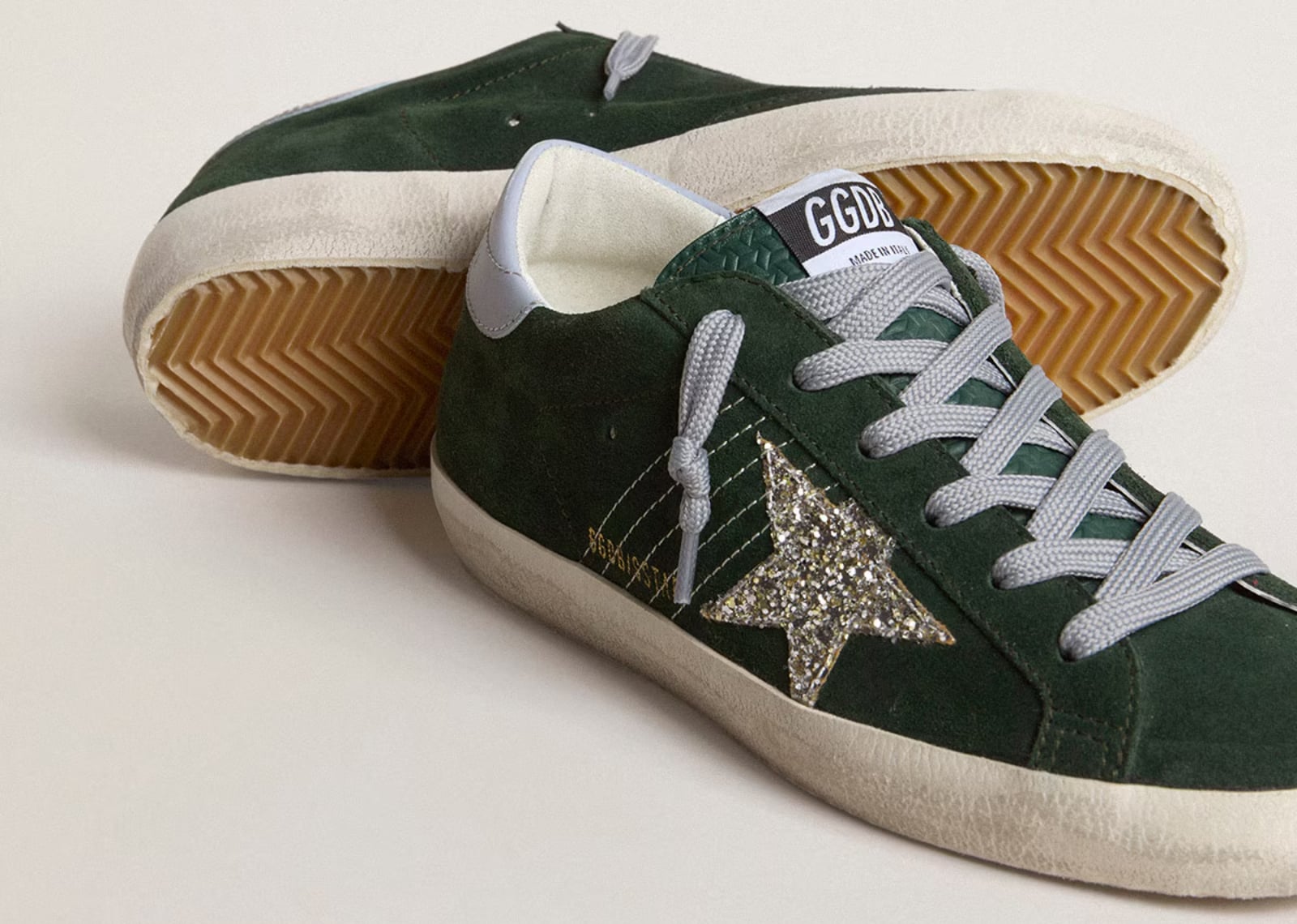 GOLDEN GOOSE SUPER STAR GREEN SUEDE SILVER GLITTER (W)