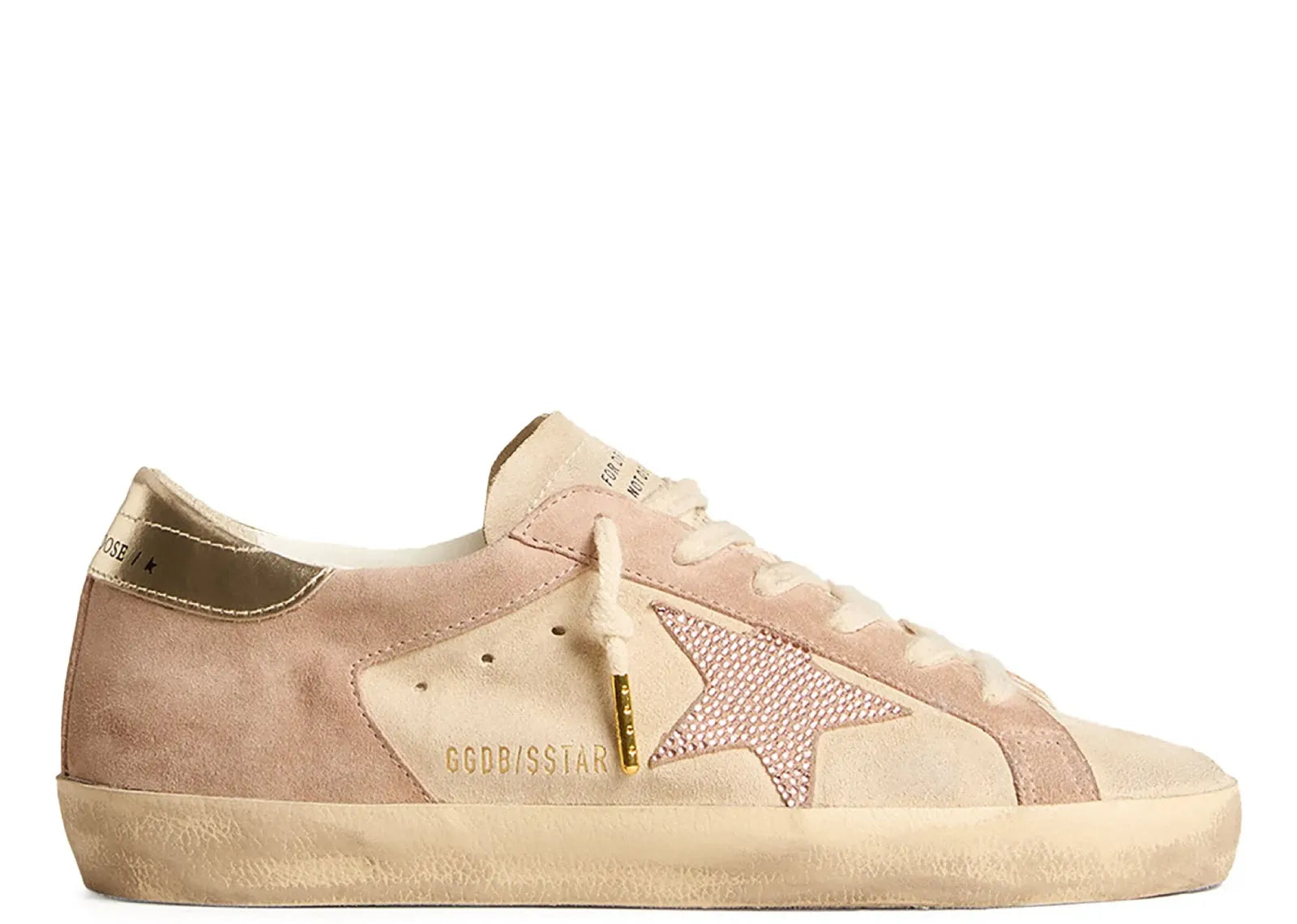 GOLDEN GOOSE SUPER-STAR PALE PINK BEIGE SUEDE CRYSTAL STAR PLATINUM HEEL (W)