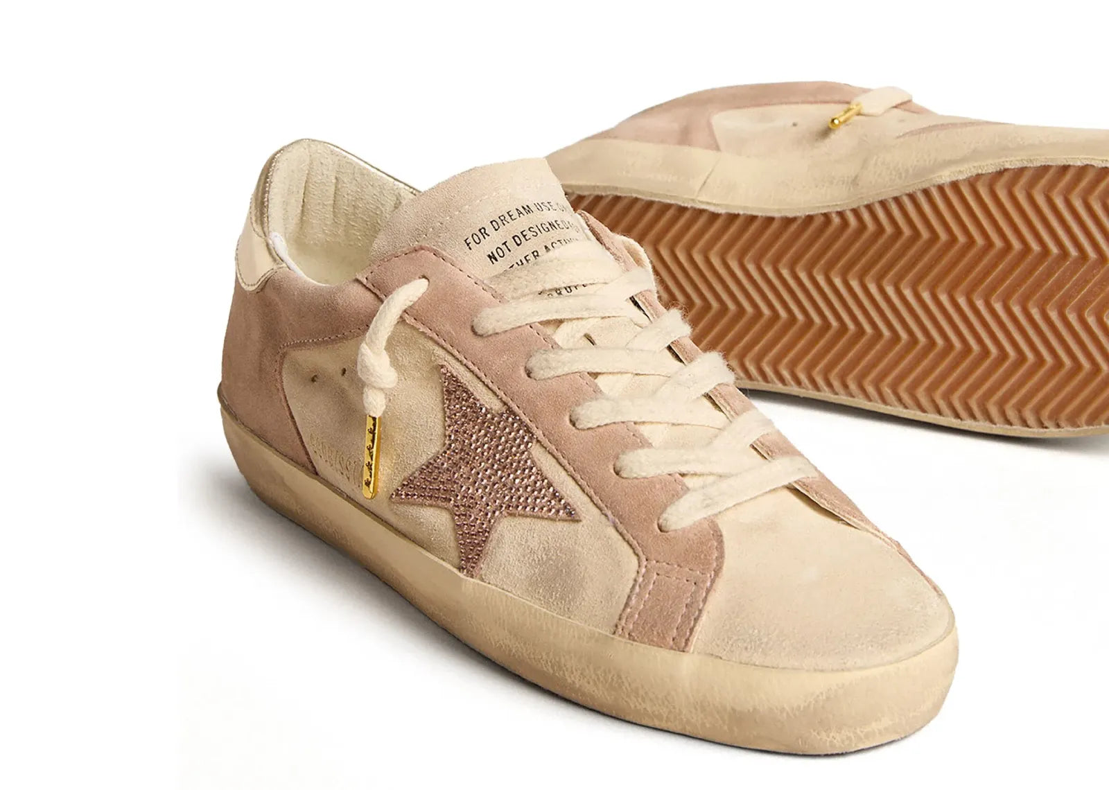 GOLDEN GOOSE SUPER-STAR PALE PINK BEIGE SUEDE CRYSTAL STAR PLATINUM HEEL (W)