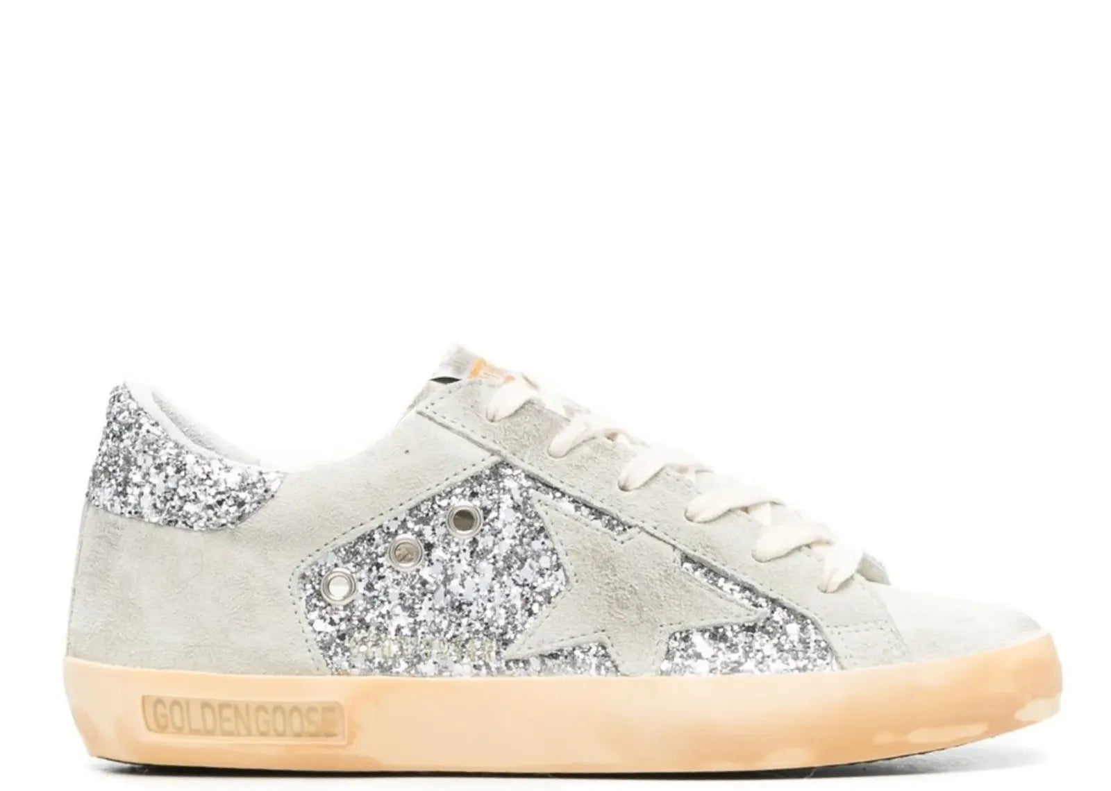 GOLDEN GOOSE SUPER-STAR SILVER GLITTER GRAY SUEDE STAR HEEL (W)