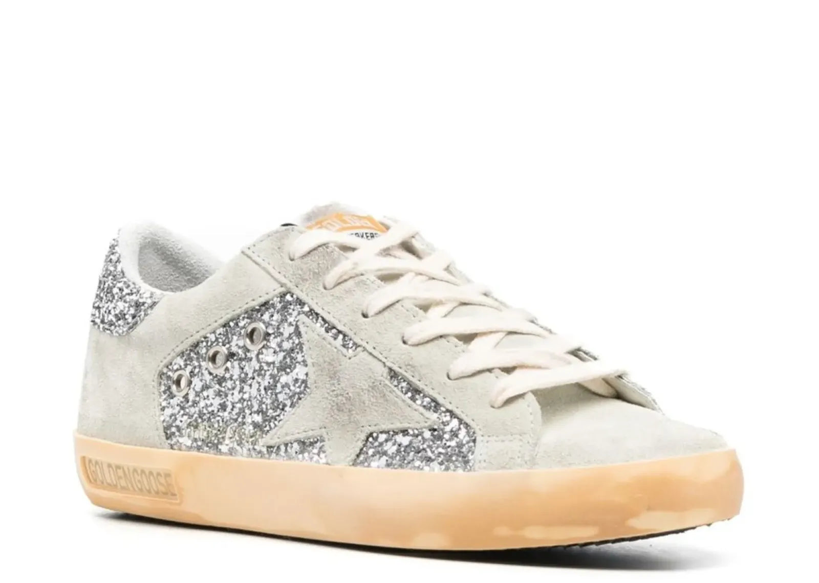 GOLDEN GOOSE SUPER-STAR SILVER GLITTER GRAY SUEDE STAR HEEL (W)
