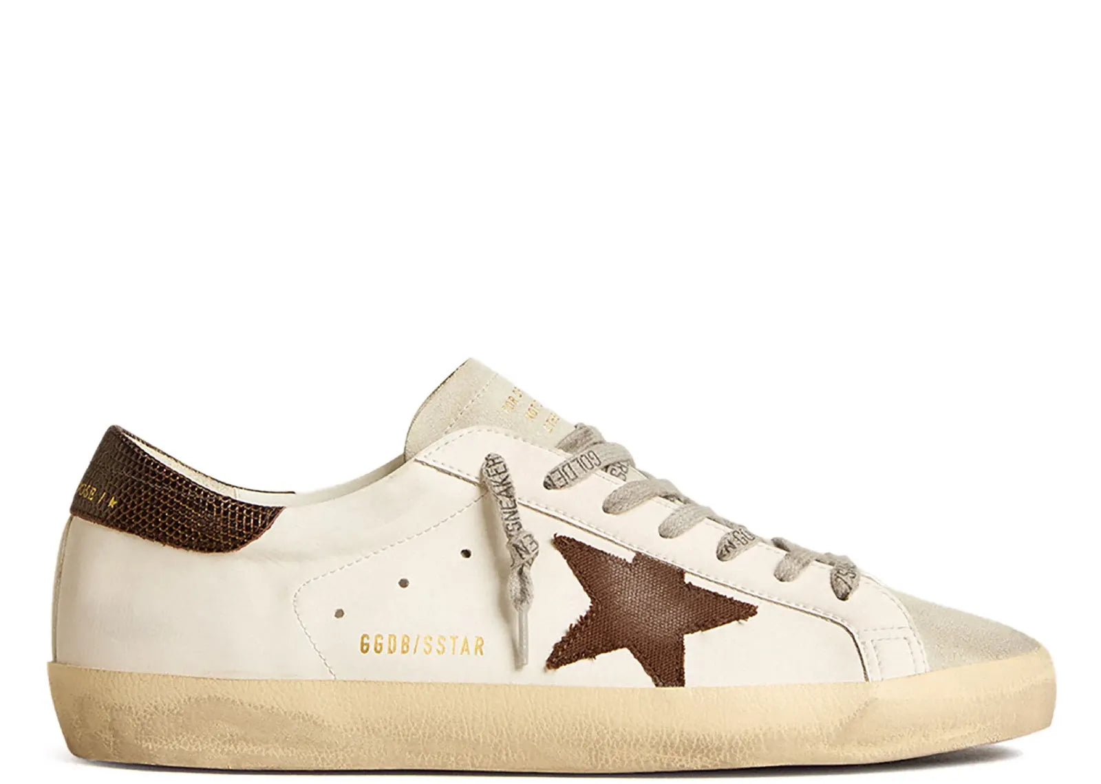 GOLDEN GOOSE SUPER-STAR WHITE BIO-BASED BROWN CANVAS STAR LIZARD HEEL