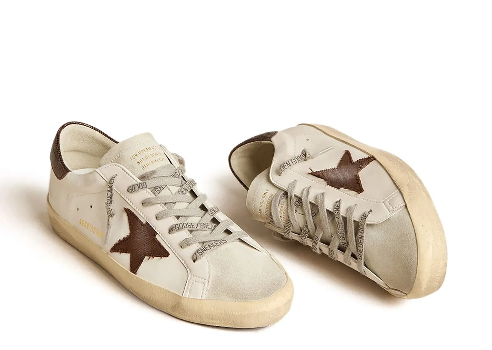 GOLDEN GOOSE SUPER-STAR WHITE BIO-BASED BROWN CANVAS STAR LIZARD HEEL