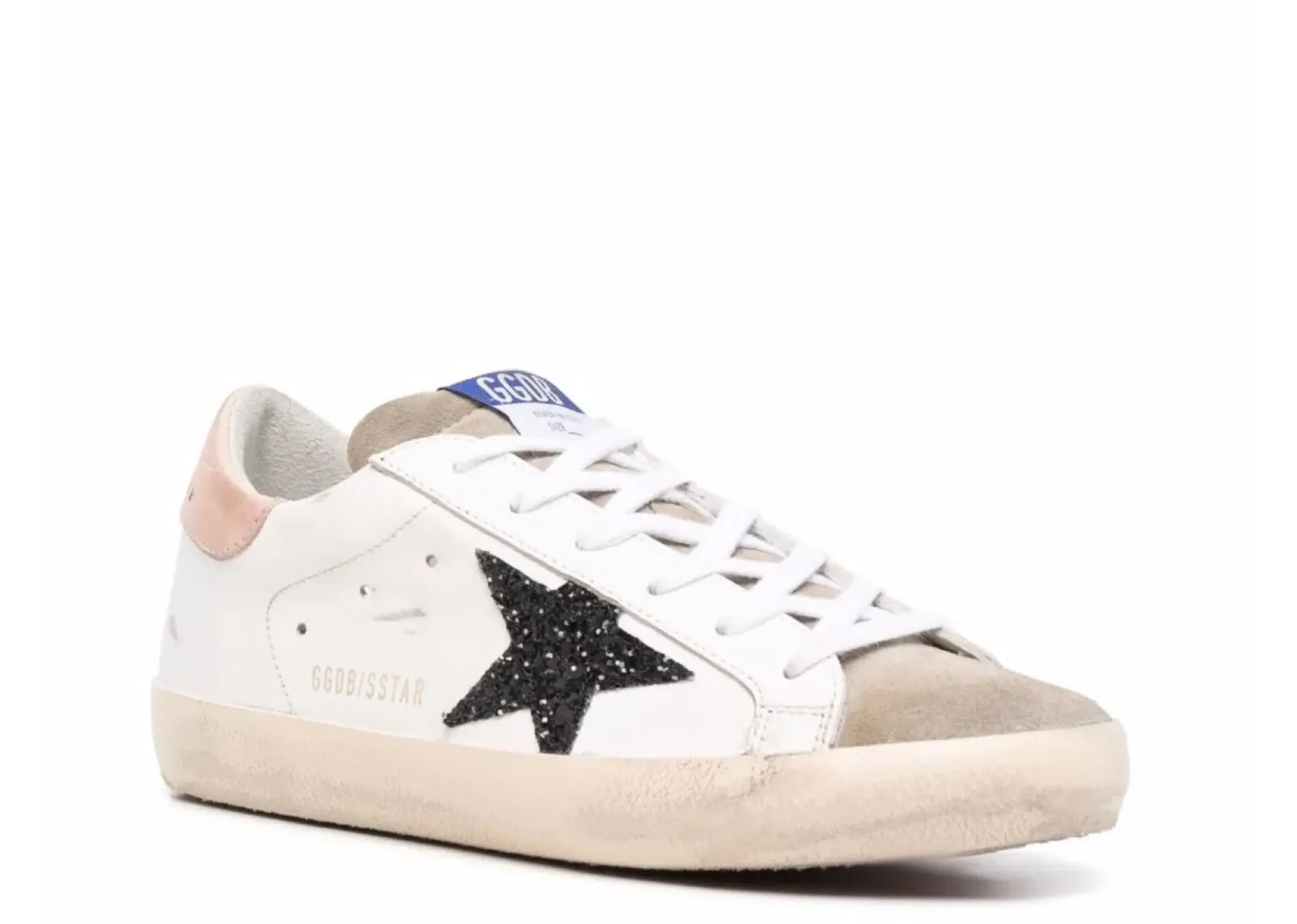 GOLDEN GOOSE SUPER-STAR WHITE LEATHER BLACK GLITTER STAR ROSE HEEL (W)