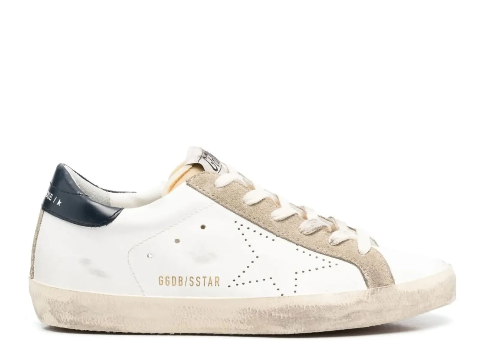 GOLDEN GOOSE SUPER-STAR WHITE LEATHER PERFORATED STAR BLUE HEEL (W)