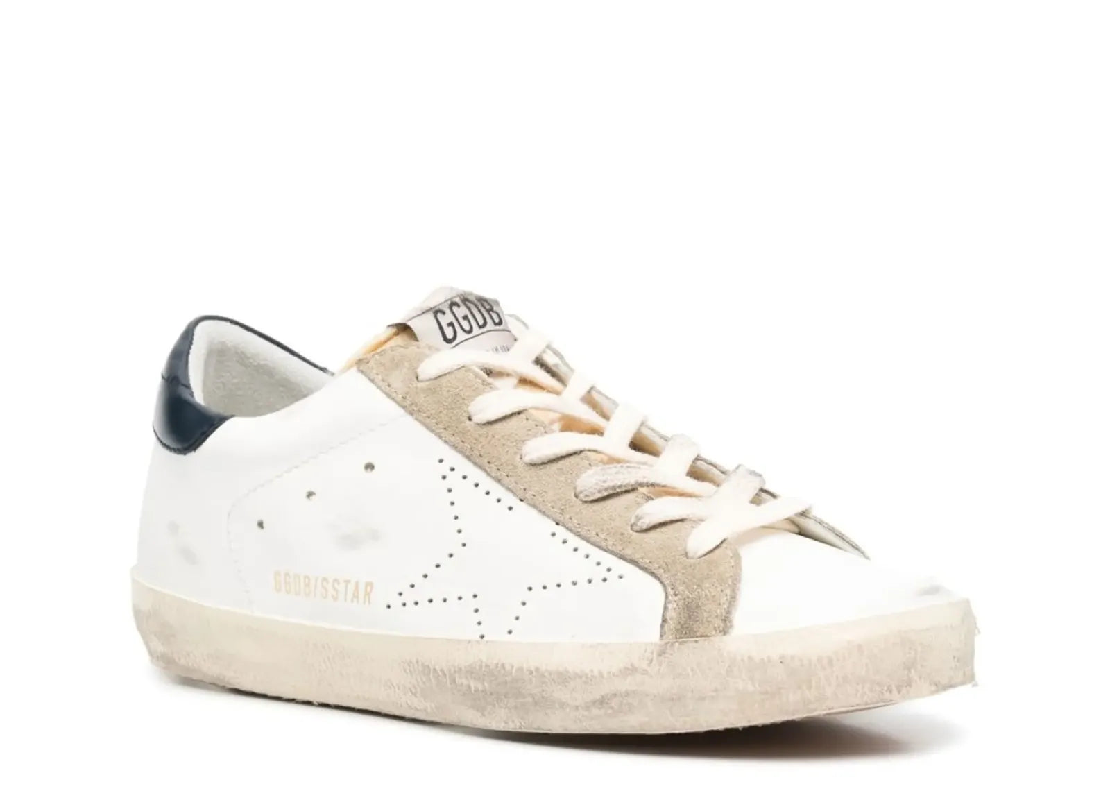GOLDEN GOOSE SUPER-STAR WHITE LEATHER PERFORATED STAR BLUE HEEL (W)