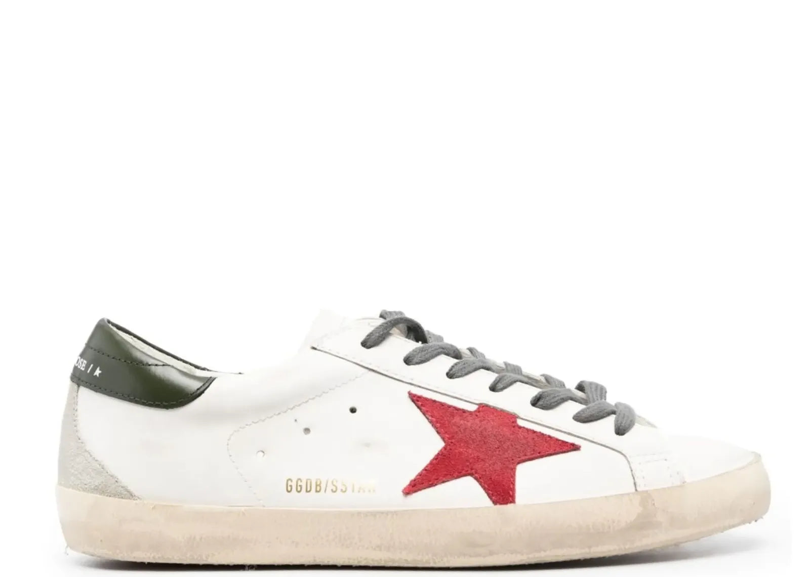 GOLDEN GOOSE SUPER-STAR WHITE LEATHER RED SUEDE STAR GREEN HEEL