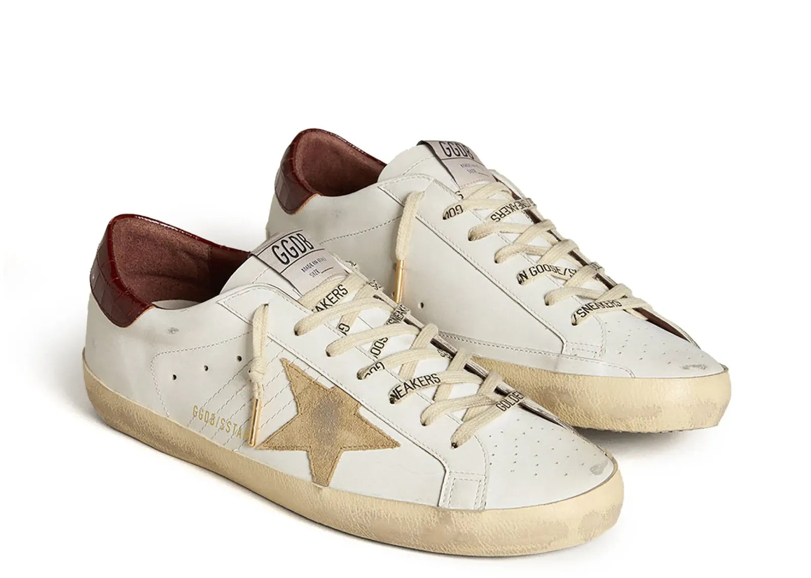 GOLDEN GOOSE SUPER-STAR WHITE LEATHER SAND SUEDE STAR RED CROCO HEEL