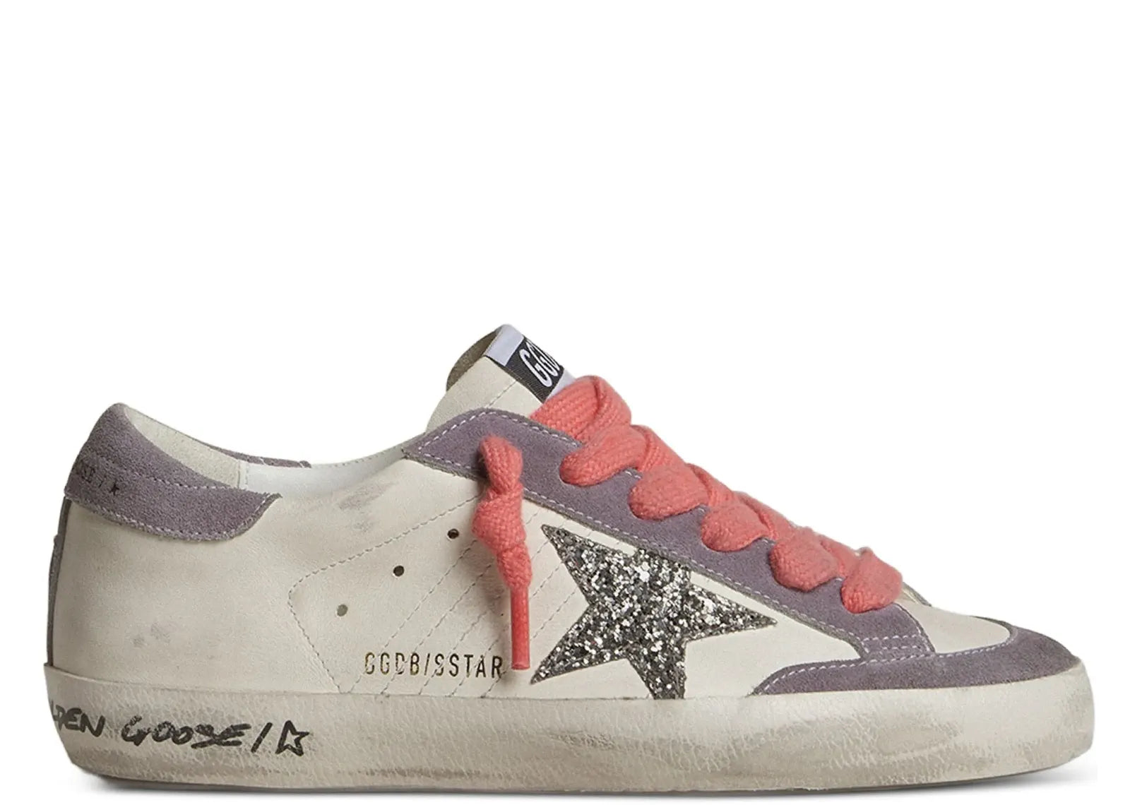 GOLDEN GOOSE SUPER-STAR WHITE LEATHER SILVER STAR LILAC HEEL (W)