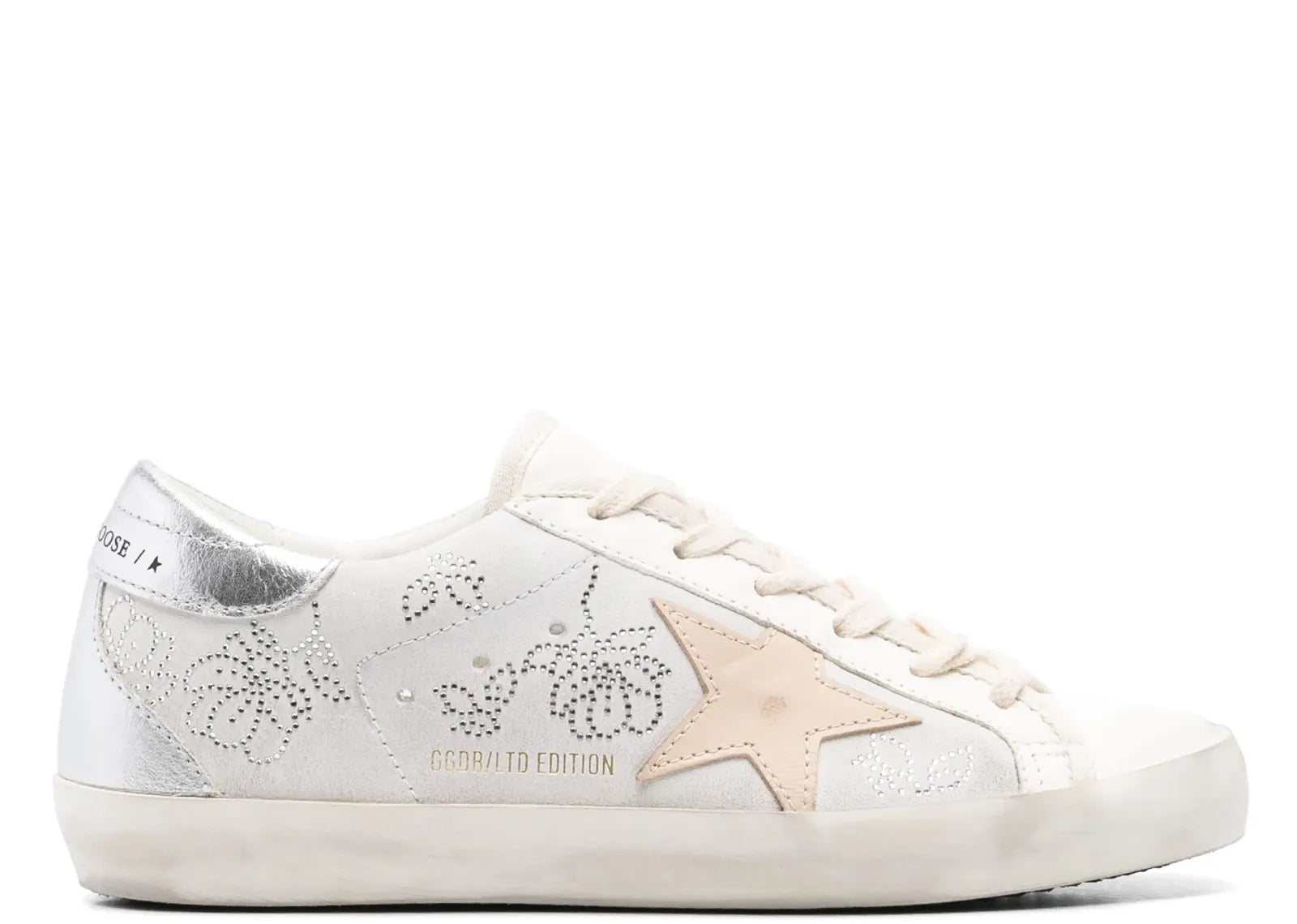 GOLDEN GOOSE SUPER-STAR WHITE SWAROVSKI GRAY STAR SILVER HEEL (W)