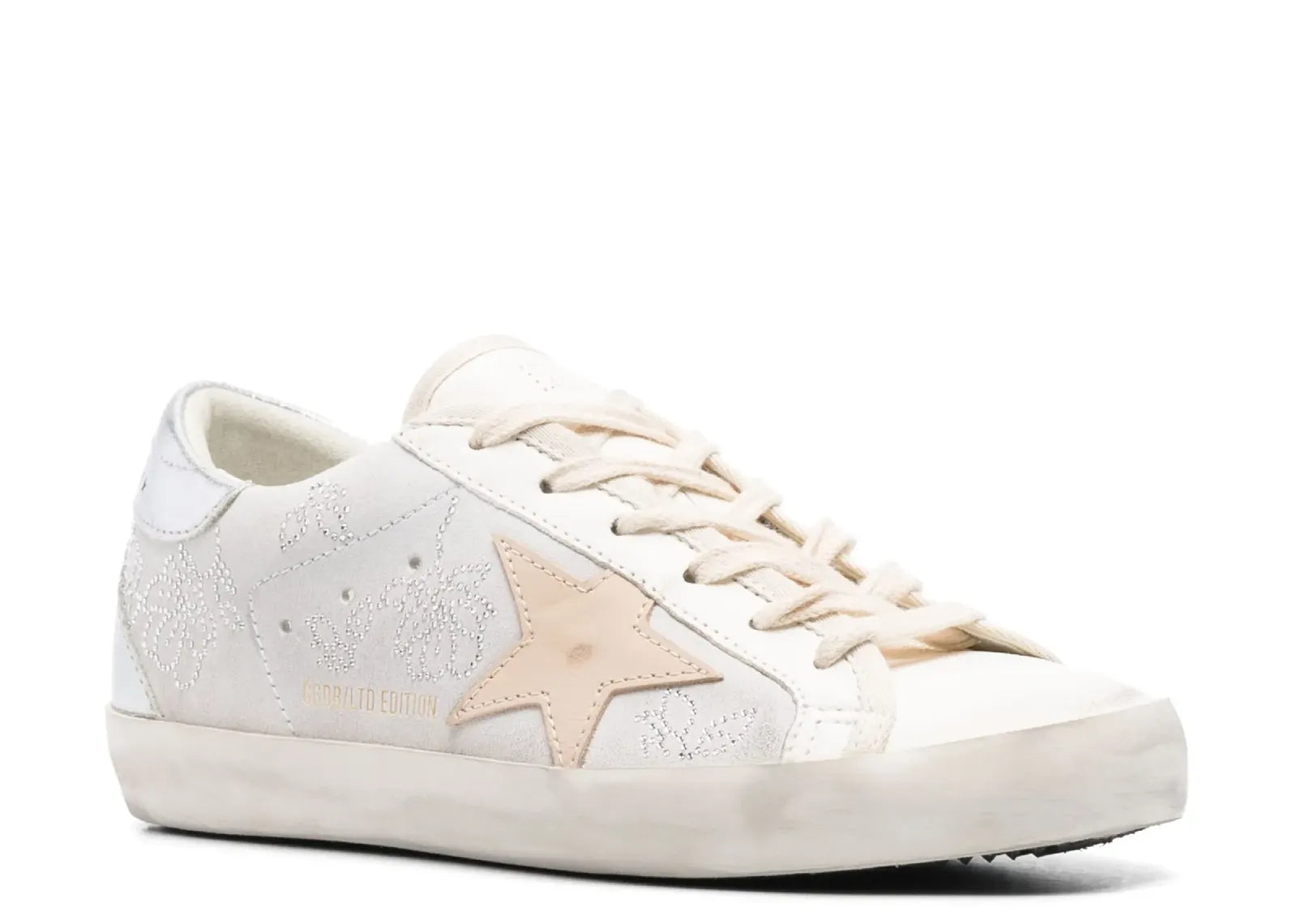 GOLDEN GOOSE SUPER-STAR WHITE SWAROVSKI GRAY STAR SILVER HEEL (W)